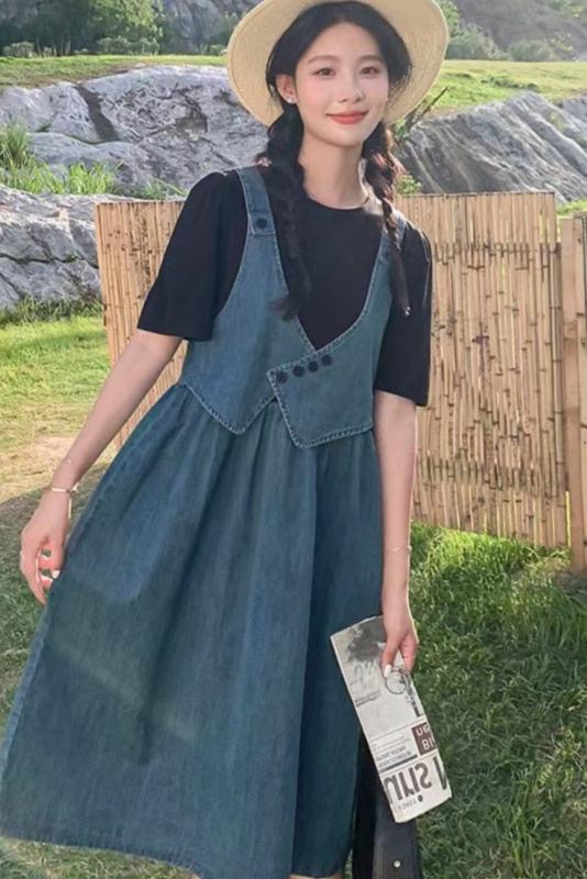 임산부 수유 페이크 레이어드 패치워크 데님 여성 드레스 여름 학원 스타일 레트로 작은 키 허리 수축 A라인 스커트