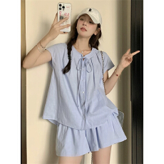 批发孕妇哺乳<b class='q'>休闲</b>宽松蓝色衬衫短裤<b class='q'>套装</b>女夏2026新款两件套小个子时尚