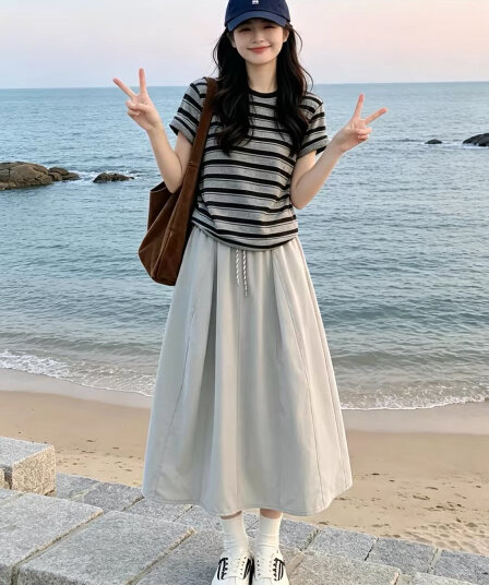 임산부 수유 새로운 스트라이프 티셔츠 반신 여성 드레스 여름 그레이트 통해보기 가져 가라. 에이즈 환자 세트 롱 스커트