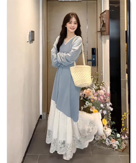 임산부 수유 가을 겨울 프랑스식 레트로 레이스 조각 디자인 센스 배색 드레스 V넥 슬림해 보이는 기본 스커트
