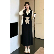 批发孕妇哺乳大码小熊针织<b class='q'>连衣裙</b>女2026新款秋冬黑色长裙假两件毛衣裙