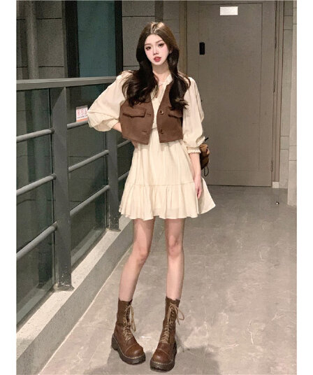임산부 수유 레트로 항구 바람 캐주얼 스택 착용 베스트 조끼 작은 대중 가을 긴팔 루즈핏 드레스 투피스 세트