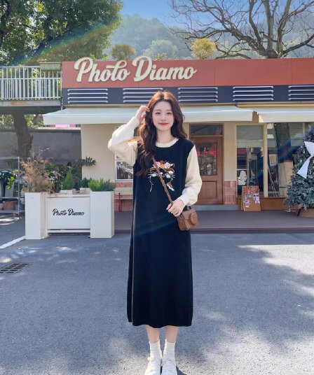 임산부 수유 달콤함 학원 스타일 지방 mm 여성 드레스 가을 루즈핏 슬림해 보이는 표지 배 페이크 레이어드 니트 스웨터