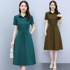 批发高档纯棉衬衫<b class='q'>连衣裙</b>女中长款2026夏新款系带收腰休闲气质减龄裙子