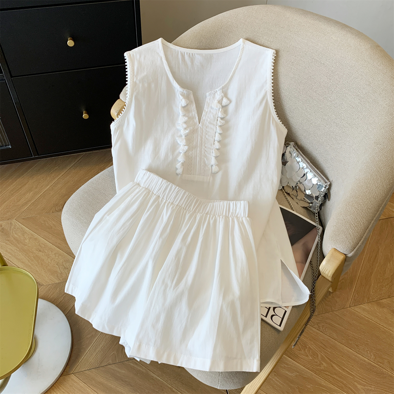 오래된 돈 바람 면 린넨 술 V넥 민소매 조끼 셔츠 캐주얼 반바지 세트 25 아모이 두 조각 여성