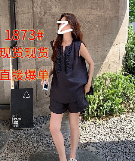 오래된 돈 바람 면 린넨 술 V넥 민소매 조끼 셔츠 캐주얼 반바지 세트 25 아모이 두 조각 여성