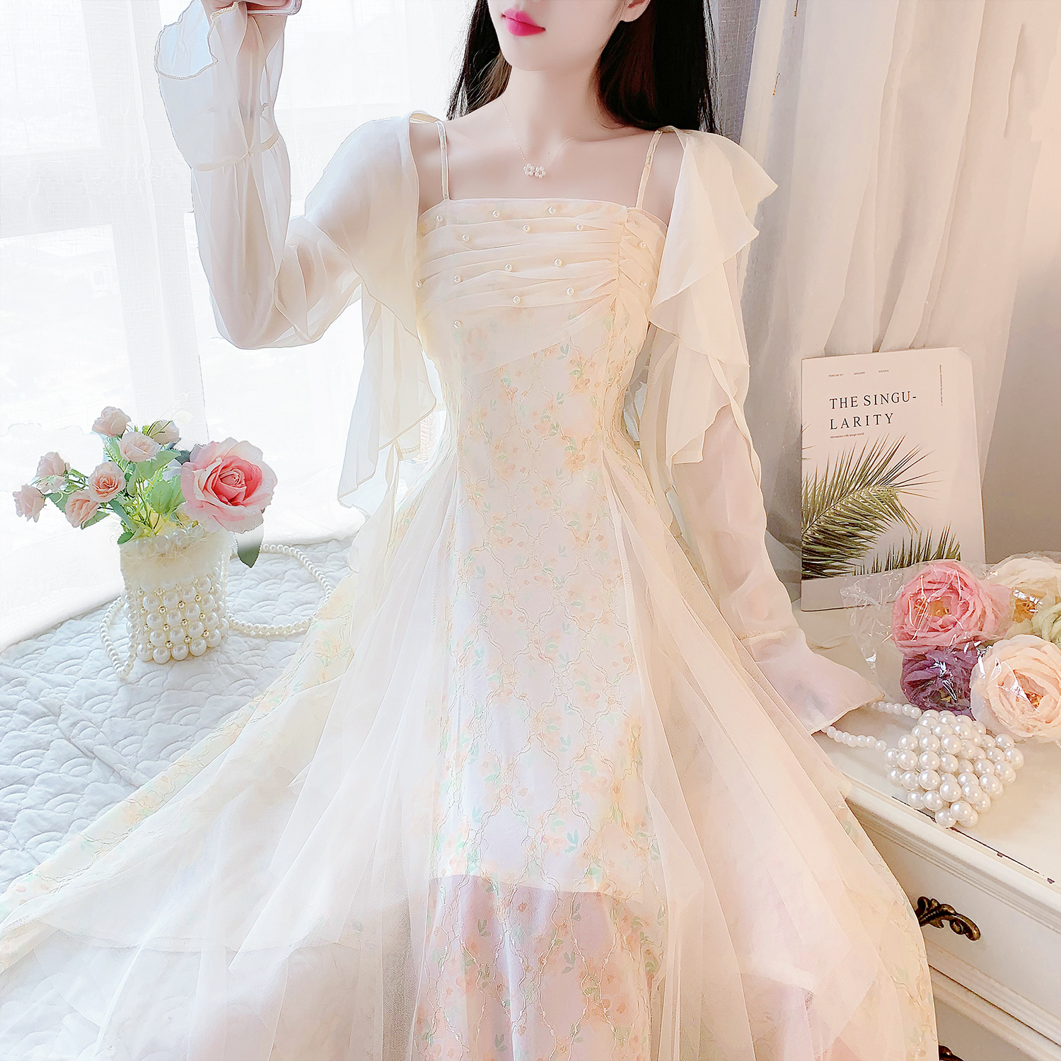 실사 26 여름 달콤함 망사 슬립 프린트 요정 드레스 긴팔 자외선 차단 오픈 가디건 두 조각 패션 세트 여성