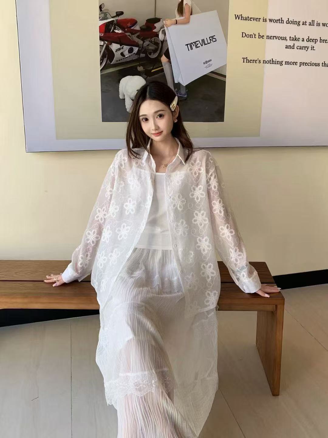 봄 아모이 레이스 자수 얇은 스타일 긴팔 자외선 차단 의류 에어컨 셔츠 맨위 루즈핏 슬림해 보이는 다용도 셔츠 짧은 외투