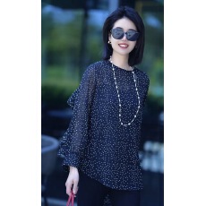 批发大码波点雪纺衫女 宽松遮肚显瘦 <b class='q'>中年</b>妈妈气质长袖防晒上衣