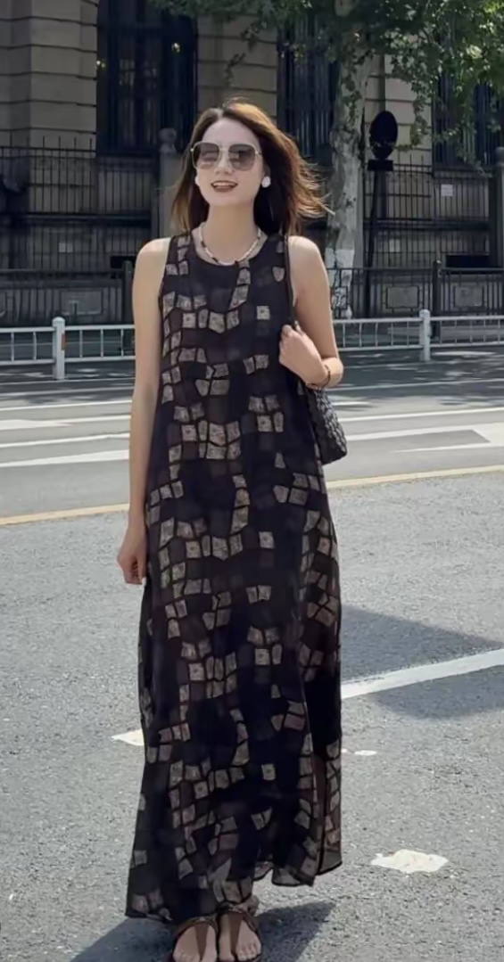 고급 센스 프랑스식 느긋한 바람 표지 고기 슬림해 보이는 체크무늬 민소매 드레스