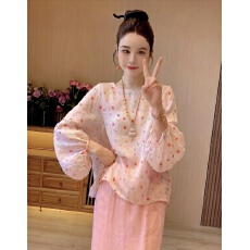 批发彩色波点新中式文艺印花<b class='q'>灯笼</b>袖上衣 可搭配8281#半身<b class='q'>裙</b>