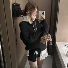 批发Partysu<b class='q'>韩国</b><b class='q'>正品</b><b class='q'>代购</b>2025年春 设计师款翻领拼色宽松针织衫