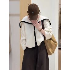 批发法式海军领撞色毛衣开衫女秋冬季慵懒风针织外套巨好看的早秋上衣