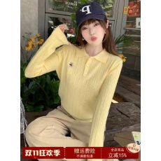 批发黄色polo领针织衫女2025新款麻花刺绣高级感毛衣早秋打底内搭上衣