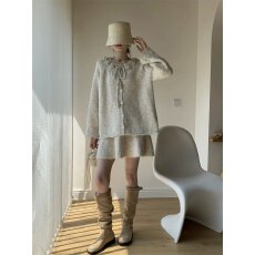 批发2025秋冬立体玫瑰花温柔软糯单排扣毛衣外套+A字<b class='q'>针织</b>短裙<b class='q'>套装</b>