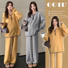 批发<b class='q'>孕妇</b><b class='q'>套装</b>秋冬款连帽半拉链长袖针织毛衣+阔腿裤两件套