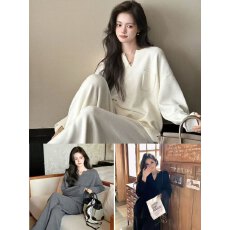 Lilylikes“懒人乘机套装”100绵羊毛V领口袋毛衣+毛织长裤