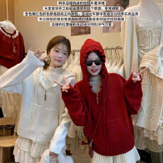 批发韩版红色连帽拉链口袋<b class='q'>毛衣</b>女秋冬宽松软糯慵懒风加厚针织<b class='q'>开衫外套</b>