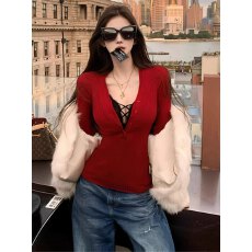 JMSHOP 天菜idol 新年红色V领针织衫女秋冬内搭两穿显瘦长袖上衣