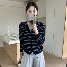 批发2025秋季新款女上衣极简慵懒风宽松显瘦假两件条纹连帽针织开衫潮