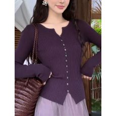 批发轻熟风V领单排扣长袖针织衫女2026春季洋气紫色高级感氛围感上衣