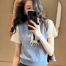 批发韩版撞色设计感短袖针织衫2026春夏减龄气质舒适圆领上衣慵懒显瘦