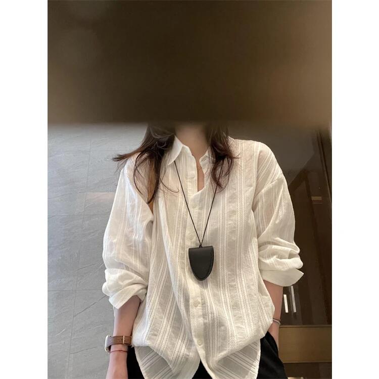 한 부서 화이트 세로 줄무늬 여성 셔츠 느슨함 센스 봄 여름 루즈핏 캐주얼 셔츠 긴팔 자외선 차단 맨위 재킷