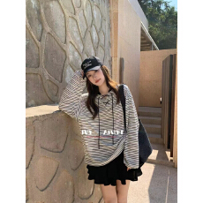 批发韩休宽松慵懒<b class='q'>条纹</b>长袖T恤<b class='q'>短裙</b>套装