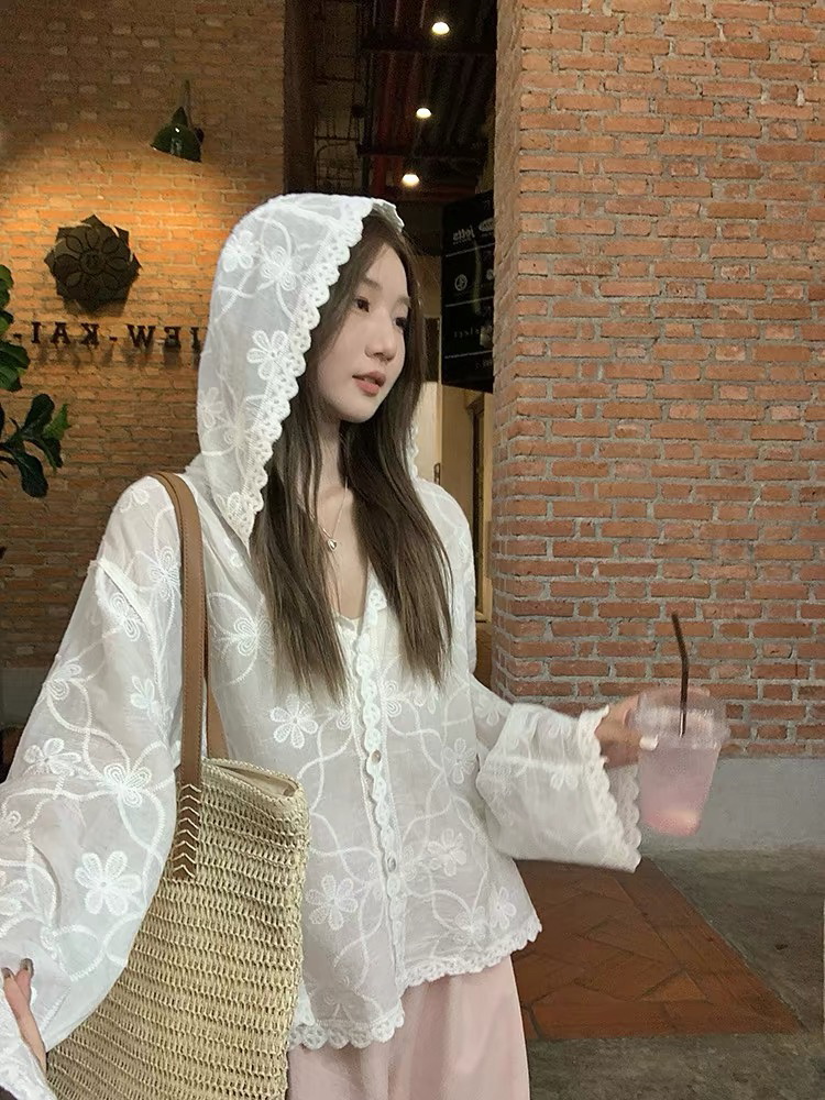 우 77 한 부서 화이트 자수 자수 후드 여성 셔츠 2025 여름 캐주얼 다용도 루즈핏 긴팔 오픈 가디건 맨위
