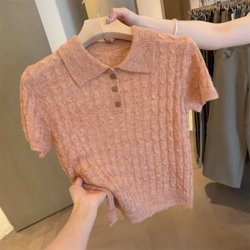 한 부서 웨스트 포 멜로 분말 POLO 칼라 꽈배기 니트 반팔 티셔츠 여성 여름 고급 센스 품격 폴로 칼라 민소매 맨위