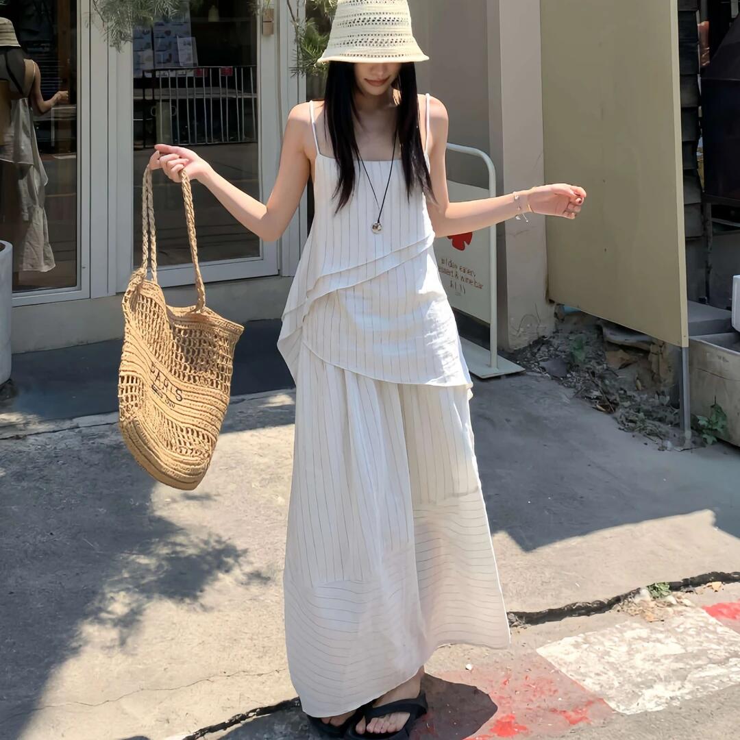 린 아니요 고기 프랑스식 느긋한 바람 슬립 맨위 여성 여름 스트라이프 허리밴드 꽃밭 반 스커트 투피스 세트