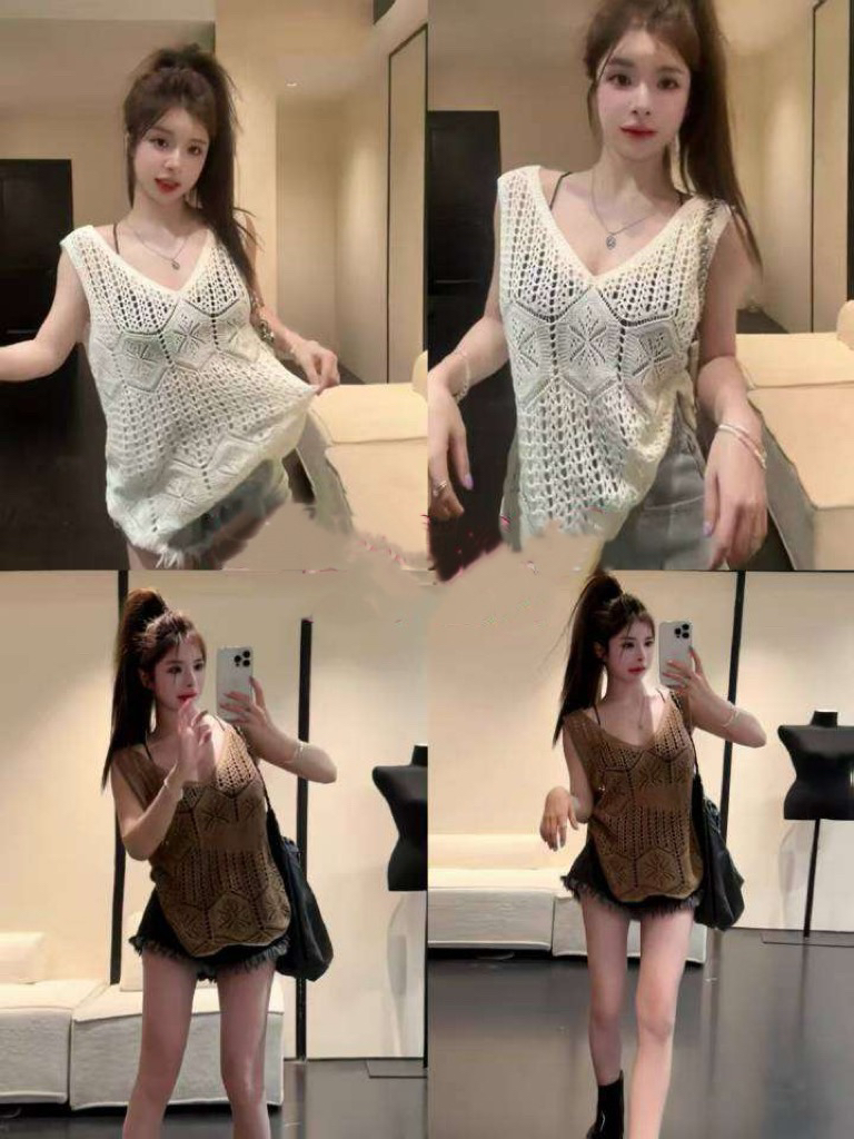 프랑스식 작은 대중 고유 한 레트로 홀로우 아웃 카키 색 V넥 니트 조끼 여성 여름 Chic 어깨 베스트 맨위
