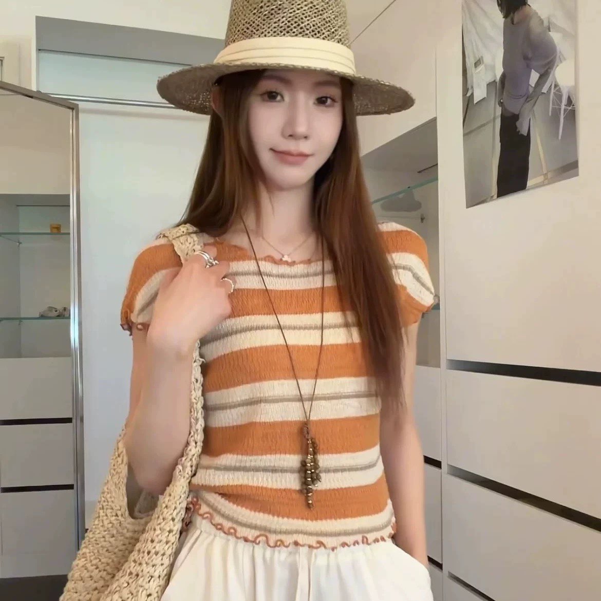 tfblue-6 여름 켜기 새로운 한국 스타일 달콤함 배색 스트라이프 프릴 반팔 니트 스웨터