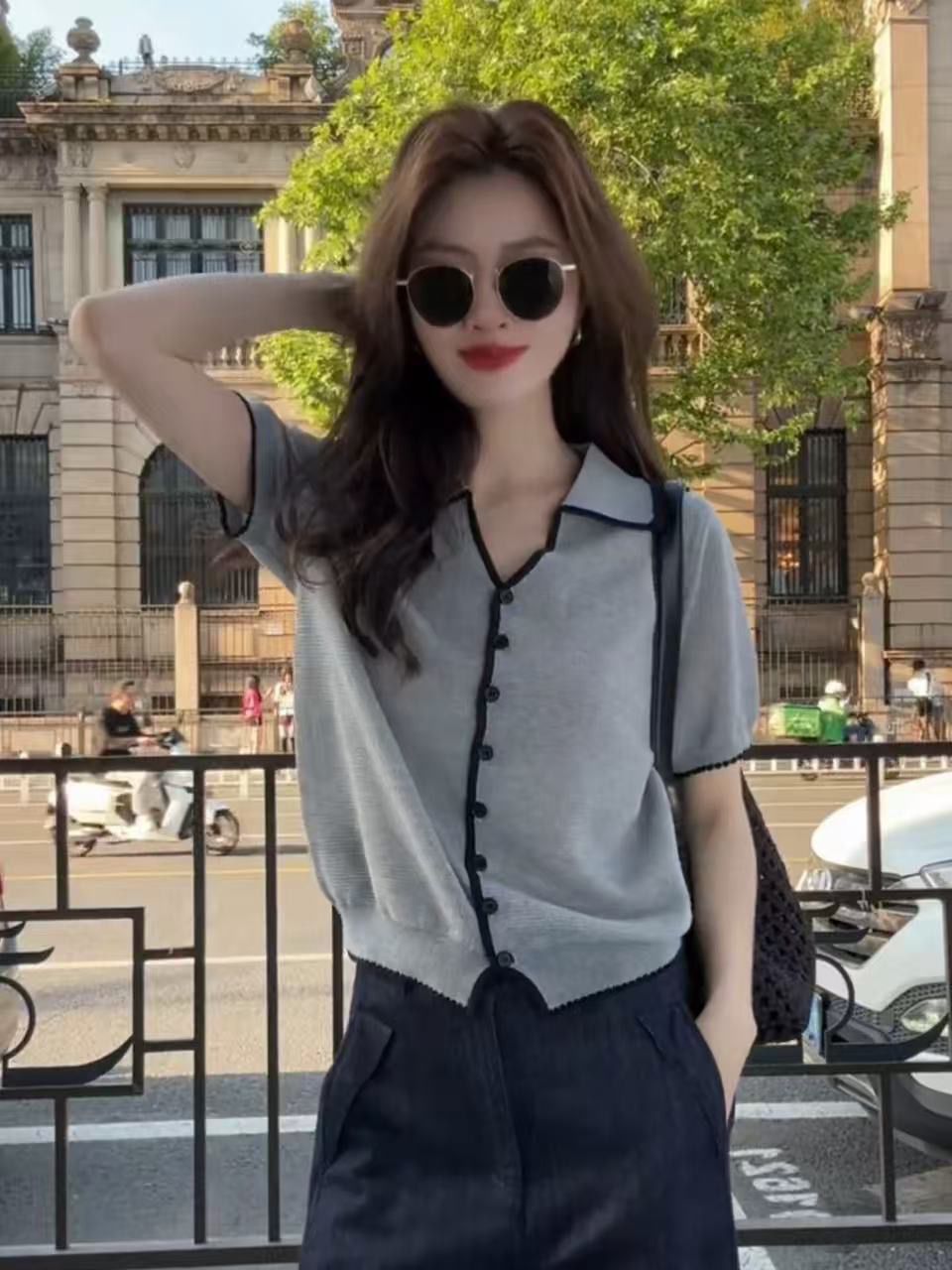 한 부서 POLO 칼라 회색 반팔 얼음 실크 니트 오픈 가디건 여성 자이언트 잘 생긴 ~ 중 여름 고유 한 아름다운 맨위 얇은 스타일