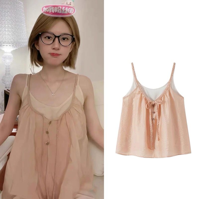 자오 이슬 생각하기 같은 단락 주황색 펌프 Pleat 짜임 레이스업 조끼 여성 여름 작은 대중 디자인 센스 슬립 맨위 투피스 세트