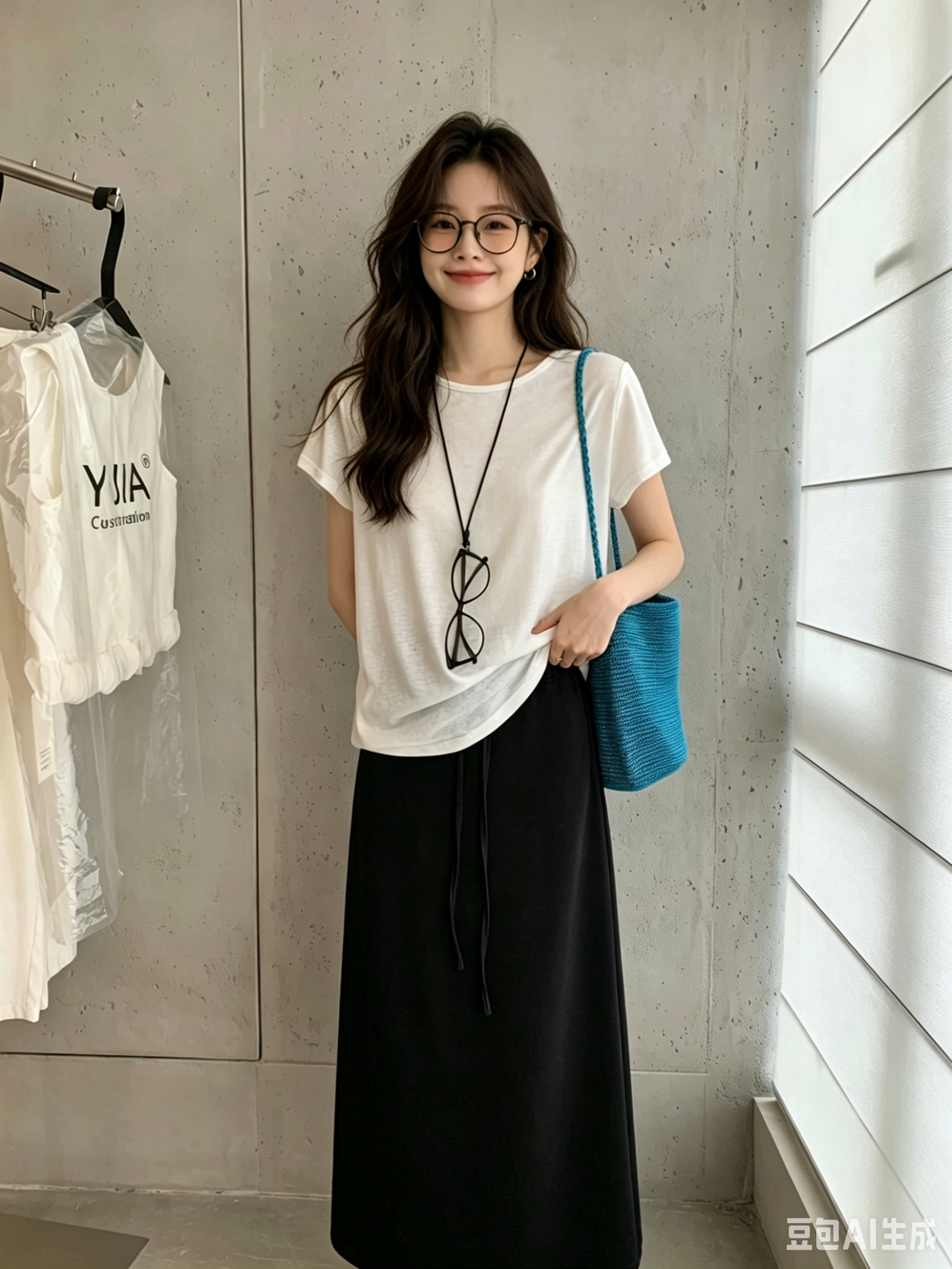 백리스 단색 디자인 센스 루즈핏 반팔 티셔츠 다용도 느긋한 센스 검정색 롱 스커트