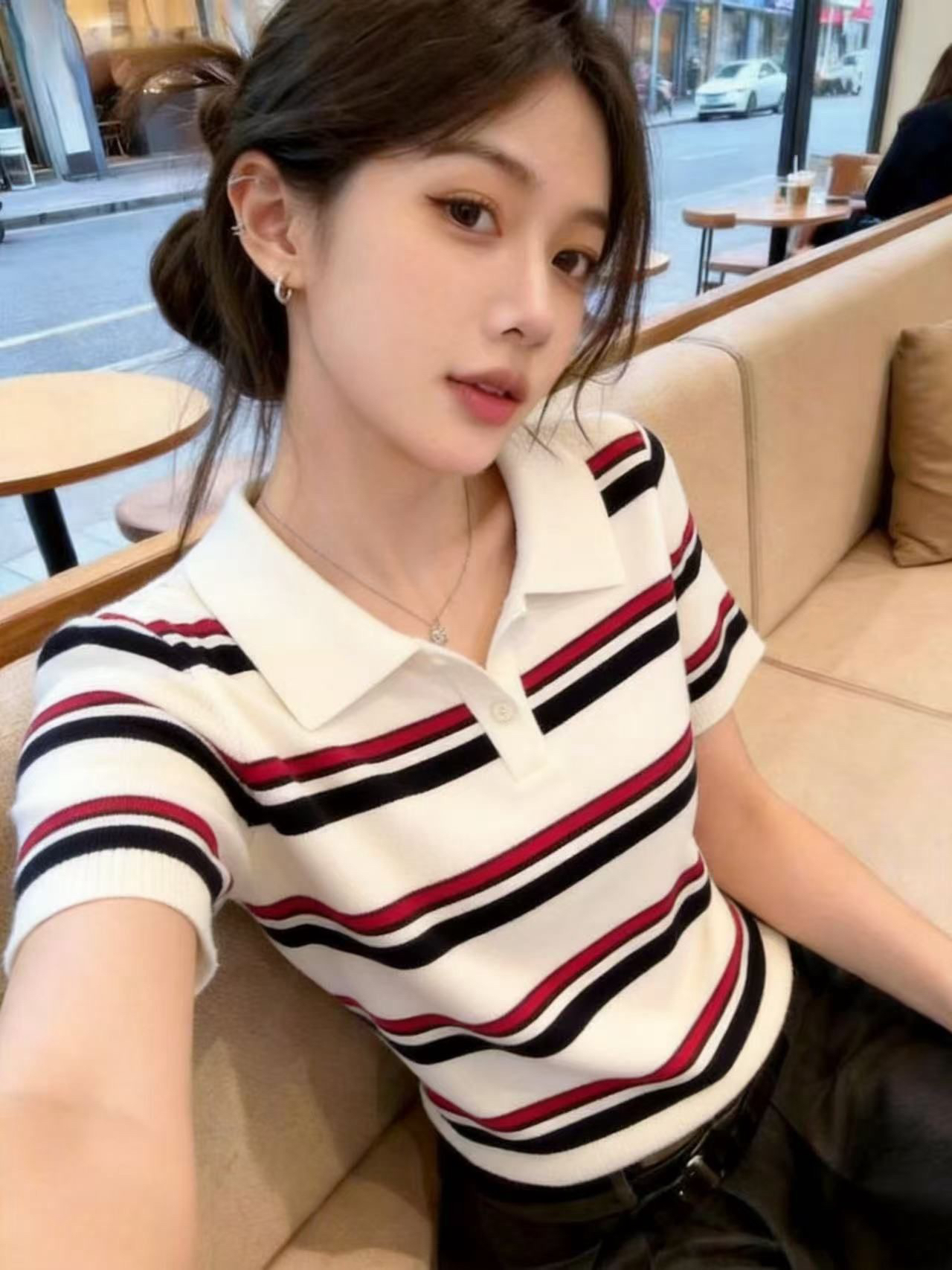 배색 스트라이프 POLO 칼라 반팔 티셔츠 여성 여름 새로운 루즈핏 슬림해 보이는 연령 감소 폴로 칼라 맨위