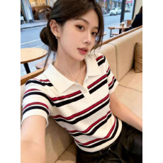 批发撞色条纹polo领短袖T恤女<b class='q'>夏</b>季新款宽松显瘦减龄翻领上衣