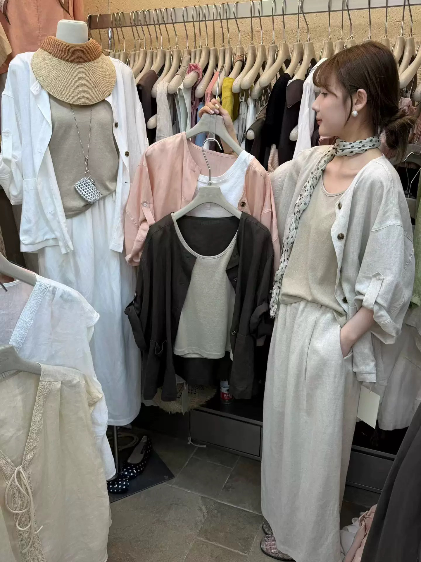 at fashion 한 부서 높은 품질 마 재료 자외선 차단 캐주얼 오픈 가디건 만나는 조끼 롱 스커트 3종 세트 세트