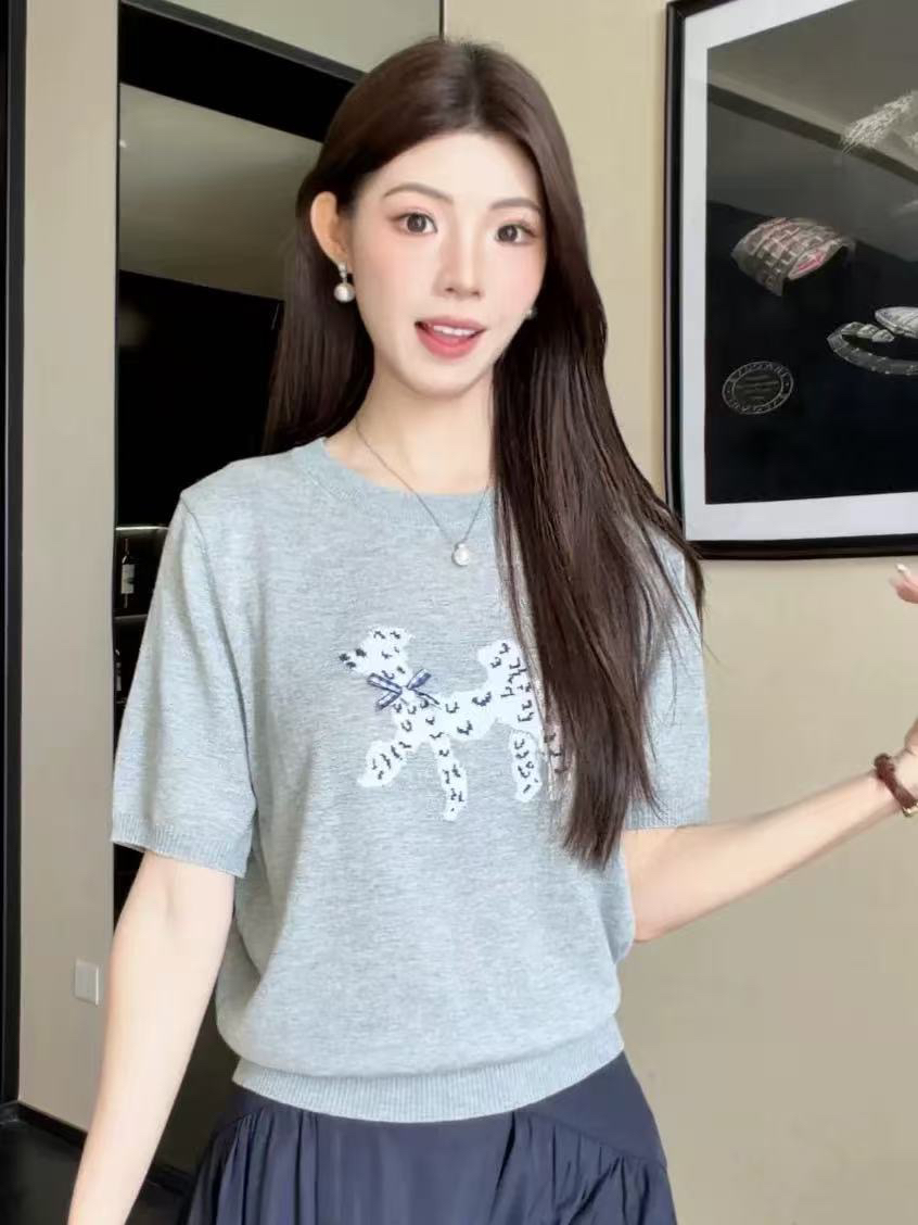 ziyi 강아지 자카드 라운드 넥 연령 감소 반팔 니트 스웨터 여성 여름 다용도 캐주얼 맨위 zz-0202