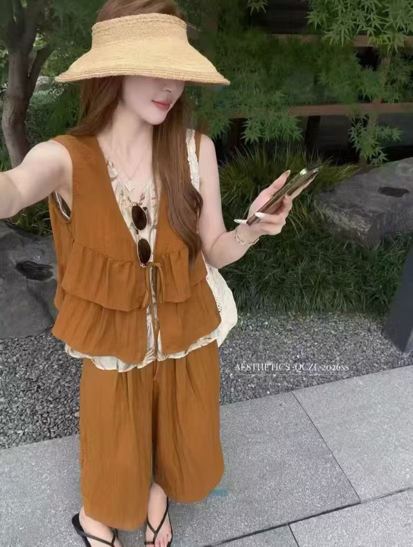 패션 한국 스타일 빛 럭셔리 외국 가스 민소매 투피스 세트 여성 여름 새로운 루즈핏 슬림해 보이는 맨위 와이드 레그 팬츠 세트