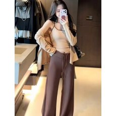 批发早秋<b class='q'>韩版</b>洋气三件套女拼色吊带背心+长袖开衫外套<b class='q'>休闲</b>阔腿裤<b class='q'>套装</b>