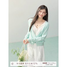 批发秋季假两件薄荷绿针织开衫女款韩系v领外套长袖上衣