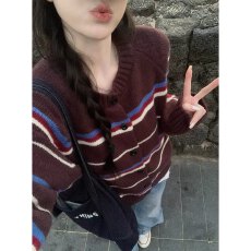 批发早秋季韩版复古插肩圆领撞色条纹软糯毛衣针织开衫外套女亲肤上衣