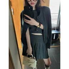 批发一整套ootd穿搭时尚针织开衫套装女秋冬气质显瘦百褶半身裙三件套
