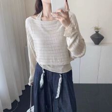 批发条纹镂空拼接吊带针织罩衫女秋季新款慵懒风纯欲防晒<b class='q'>宽松</b>两件套