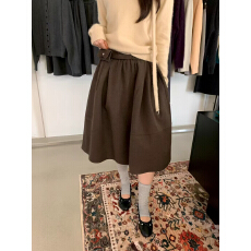 批发咖色配腰带纯棉半身裙女2026秋季新款显瘦花苞中裙