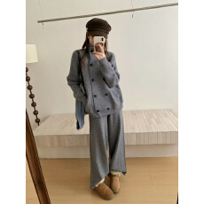 批发复古慵懒风加厚毛衣半身裙<b class='q'>两件套</b>秋冬高领双排扣保暖针织长裤套装