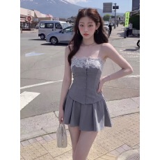 批发CHENJIAZHEN抹胸蕾丝拼接连衣裙女夏收腰显瘦A字裙气质<b class='q'>修身</b>套装