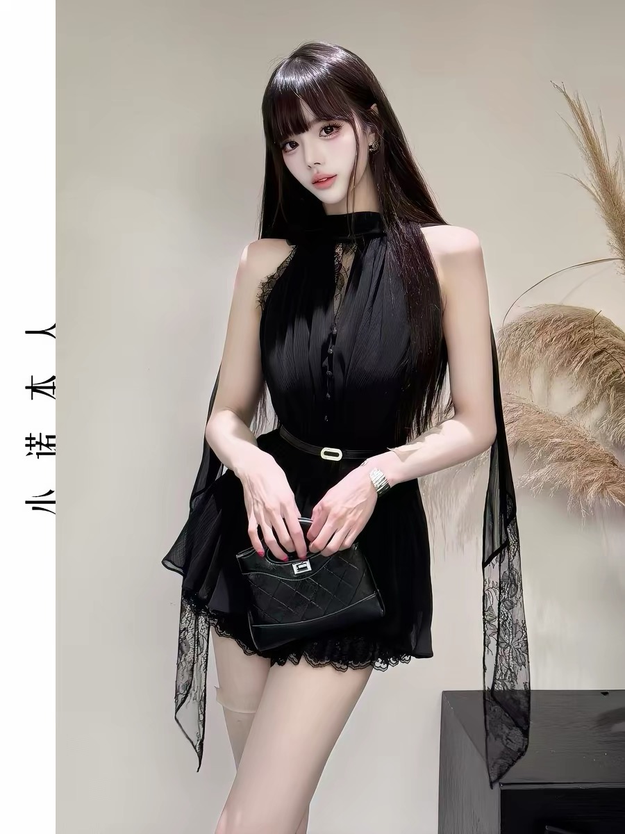 작은 Connaught 나는 민소매 길다 셔츠 행침 목 허리 수축 맨위 리본 디자인 순수한 욕망 바람 반바지 세트 260329